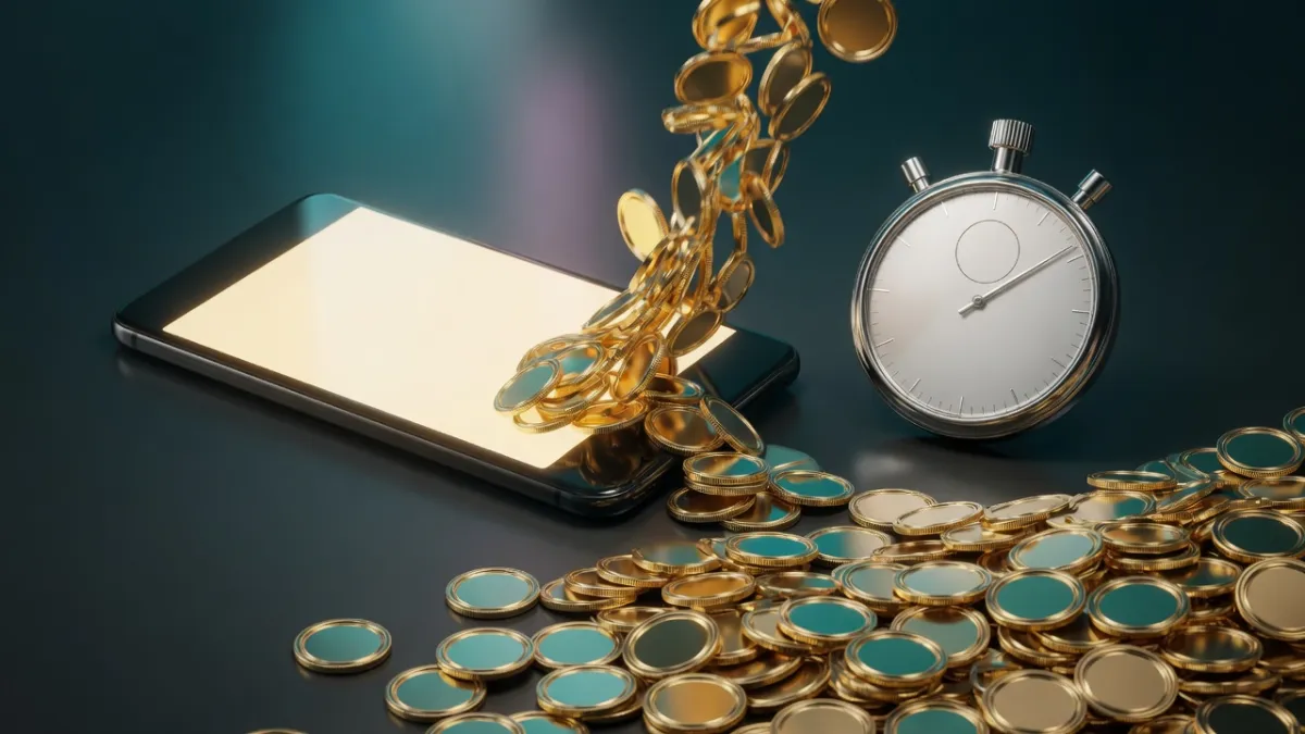 Smartfon, z którego wysypują się złote monety, obok chromowany stoper – szybkie wypłaty